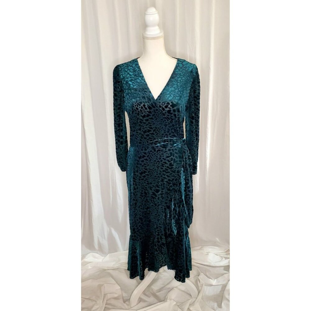Calvin Klein Size 10 Burnout Green Velvet Animal Print Wrap Dress Ruffle Swing